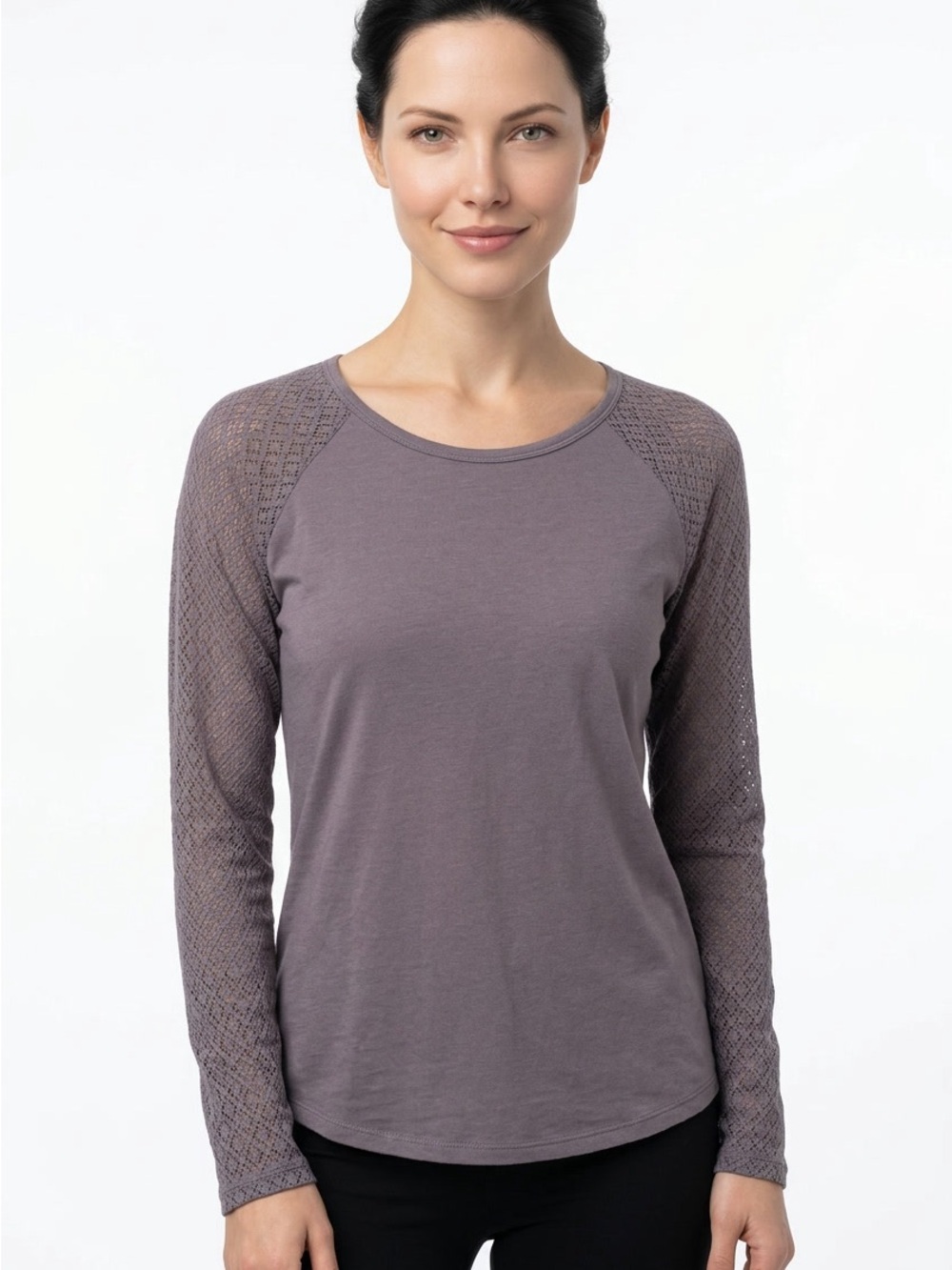 🌿 PrAna Women’s Long Sleeve Raglan Top Gray Patterned Sleeves Size L
